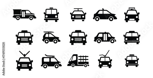 Collection of black and white silhouette icons representing various types of vehicles for transportation and logistics