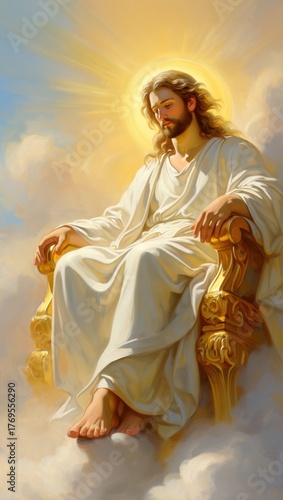 Jesus Christ seated on a golden throne in heaven surrounded by light and clouds, symbolic representation of the Second Coming, divine authority, Christian art, messianic glory and eternal kingdom