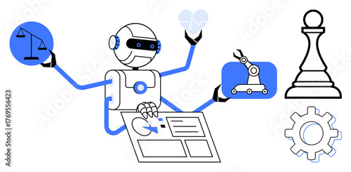 Multifunctional robot with justice scale, heart, robotic arm, and chess piece. Operating controls, connecting ethics, AI, strategy automation decision-making and creativity. Ideal for AI ethics