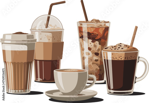 Coffee Shop Menu of Hot and Iced Drinks Vector Illustration Set