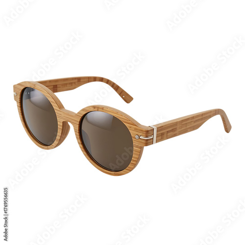 Wooden sunglasses with round lenses and a light brown frame, perfect for sunny days.