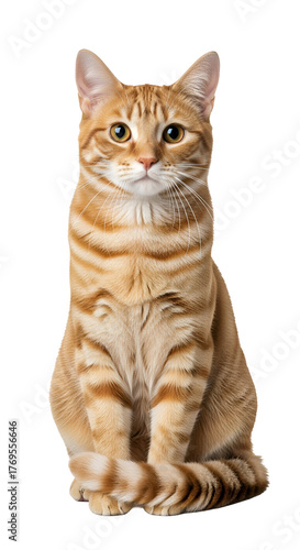 An adorable orange tabby cat sitting and looking directly at the camera, isolated on transparent background