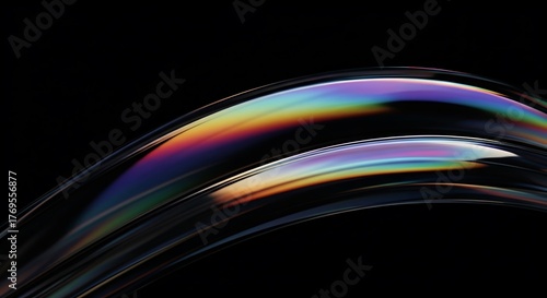 Liquid glass rainbow arcs with iridescent reflections on black background, glossy abstract curved bands