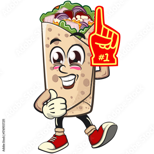 cute burrito mascot cartoon vector illustration mexican wrap character raise foam finger, funny fast food design isolated for logo, menu, and kids concept, work of hand drawn