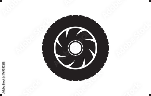 Black rubber wheel tire design. Wheel tires. Car tire tread tracks, Mini Van racing wheel mascot design. Tyres road maintenance vector automobile. Auto Van wheel tyre. Vector illustration rim design
