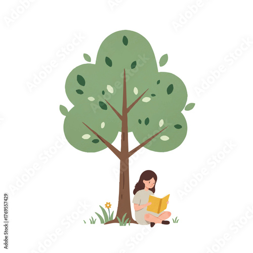 Minimalistic 2D flat illustration of a young girl happily reading a storybook while sitting peacefully under a lush green tree against a clean white background.