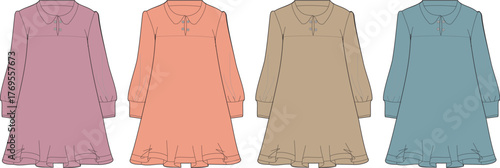 Collection of four women's dresses in pastel colors, showcasing a stylish and elegant design