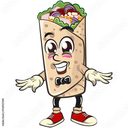 cute burrito mascot cartoon vector illustration mexican wrap character wearing a bow tie and feeling cool, funny fast food design isolated for logo, menu, and kids concept, work of hand drawn