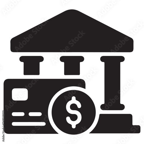 Bank Building Icon with Credit Card and Dollar Coin