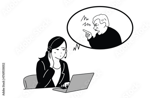 woman, headset, laptop, computer, work, office, stress, frustration, anger, customer service, call center, communication, difficult, unhappy, complaint, thought bubble, man, shouting, pointing, negati
