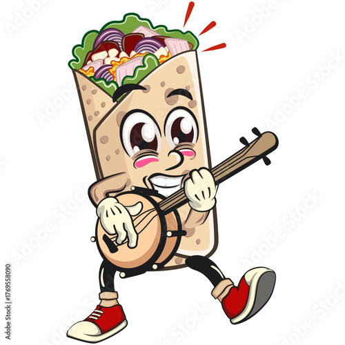 cute burrito mascot cartoon vector illustration mexican wrap character playing the banjo musical instrument, funny fast food design isolated for logo, menu, and kids concept, work of hand drawn