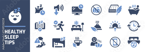 sleep, healthy, tips, icon, set, vector, illustration, rest, bed, mattress, pillow, alarm, clock, book, reading, noise, volume, sound, screen, light, sun, rise, bath, hot, water, leaf, feather, snowfl