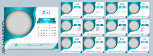 English 2026 Calendar 12 months Design Template, Table or Desk calendar planner .
