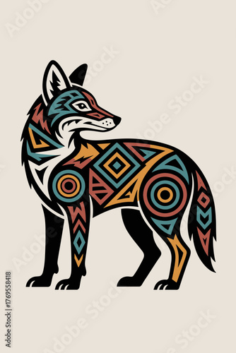 Aztec Coyote Illustration, Flat Design, Colorful