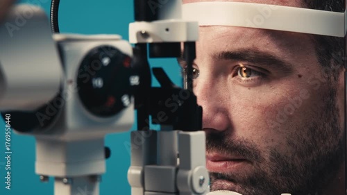 Close-up of human eye during ophthalmology examination, showcasing intricate details of iris and pupil, illuminated by medical equipment light for vision assessment