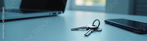 Keys on a desk next to an open laptop and phone