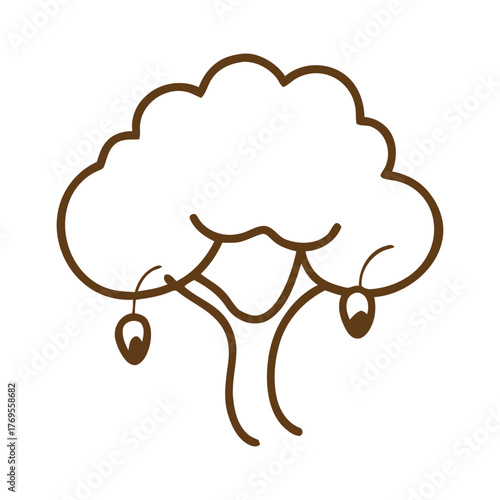 tree, plant, nature, illustration, outline, brown, simple, stylized, cartoon, drawing, graphic, icon, symbol, fruit, leaves, branches, trunk, organic, growth, seedling, sapling, flora, foliage, minima