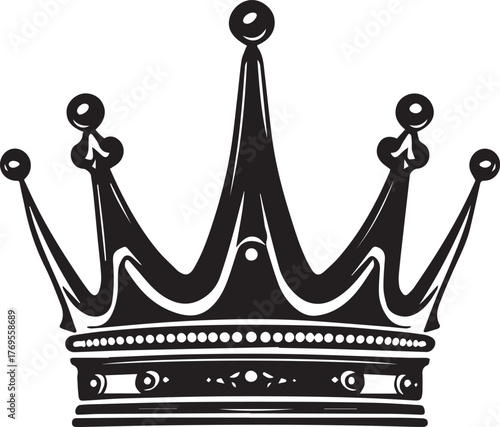 Black and white line art of ornate five-point crown with circular ornaments and decorative band design