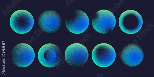 Abstract gradient circles with photocopy grain effect. Futuristic planets and cosmic shapes in blue and green colors. Modern space vector illustration for poster and design