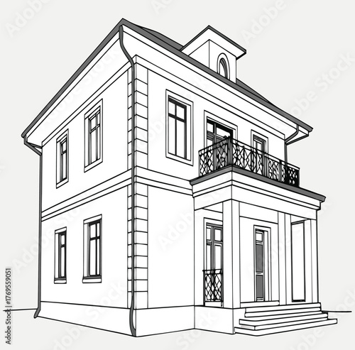 Architectural Blueprint: A detailed sketch of a classic residence showcases the building's facade, revealing intricate design elements and a sense of architectural finesse. 