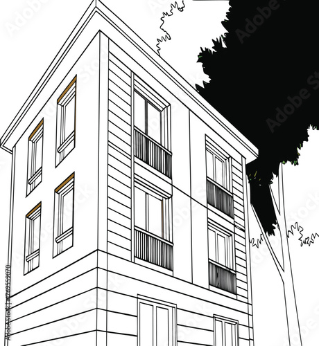 Modern Architectural Facade: A stylized, contemporary building facade, featuring geometric lines, expansive windows, and a minimalist design aesthetic, suggesting modern urban living.