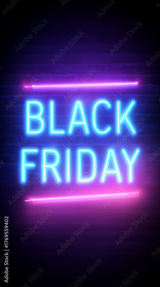 Obraz premium Black Friday neon sign glowing in blue and pink on dark background — vibrant night sale concept for modern advertising design