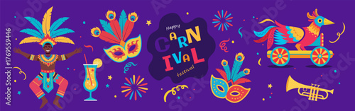Carnival and festival celebration vector illustration. Dancing people, palm leaves, masks, and music party elements. Bright festive design for posters, cards, and summer event backgrounds.