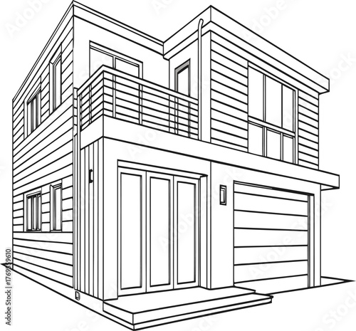 Modern Architectural Haven: A minimalist rendering of a contemporary residence, showcasing clean lines, a balcony, and a garage, a harmonious blend of form and function.