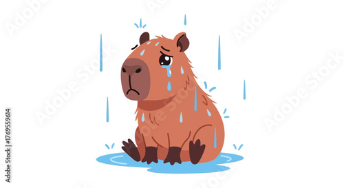 Cartoon capybara illustration depicting sadness and emotional vulnerability in the rain