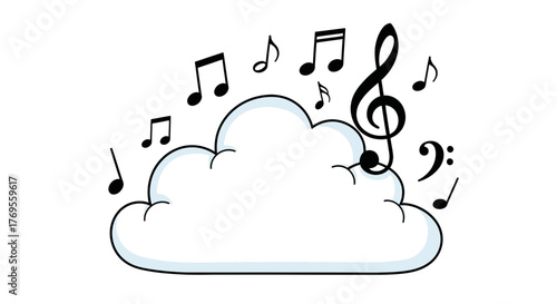 Cartoon cloud adorned with floating musical notes suggesting dreamy soundscapes or creative melodies