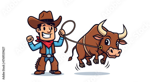 Cartoon depiction of a rodeo cowboy lariat tossing and a bull jumping with excitement