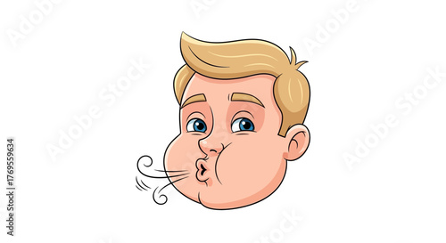 Cartoon character face blowing air with puffed cheeks conveys a strong breath