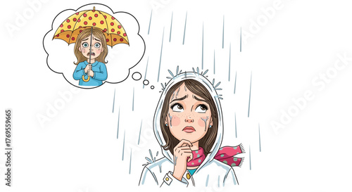 Cartoon drawing showing a woman in the rain, longing for protection and feeling vulnerable in the