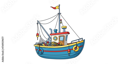 Cartoon fishing boat illustration with colorful design and maritime elements illustration