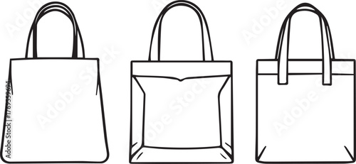Tote bag silhouette set — black and white illustration of three minimalist shopping bags with varied stitching and structure