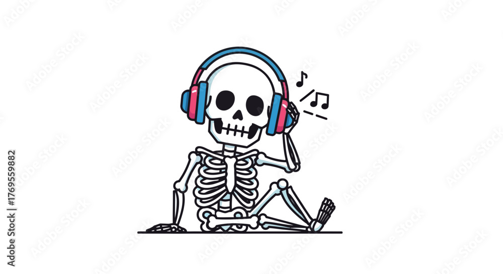 Fototapeta premium Cartoon Skeleton with Headphones Enjoying Music on a White Background Design