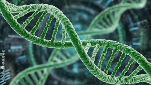 High-quality 3D illustration of a green DNA double helix structure in a microscopic environment.