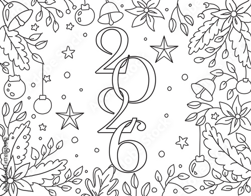 Hand drawn coloring page for kids and adults. Holiday greeting card Happy New Year 2026. Beautiful drawing with patterns and small details. Children and adult Colouring book pictures. Vector