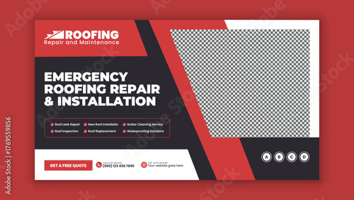 Commercial roofing repair and installation horizontal web banner design template