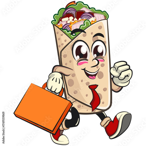 cute burrito mascot cartoon vector illustration mexican wrap character wearing a tie and carrying a suitcase rushing to the office, design isolated for logo, menu, and kids concept, work of hand drawn