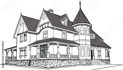 Architectural Rendering of a Victorian Estate: A detailed line drawing of a classic Victorian mansion, showcasing intricate architectural elements and a timeless aesthetic.