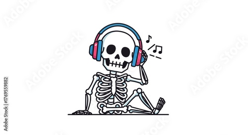 Cartoon Skeleton with Headphones Enjoying Music on a White Background Design