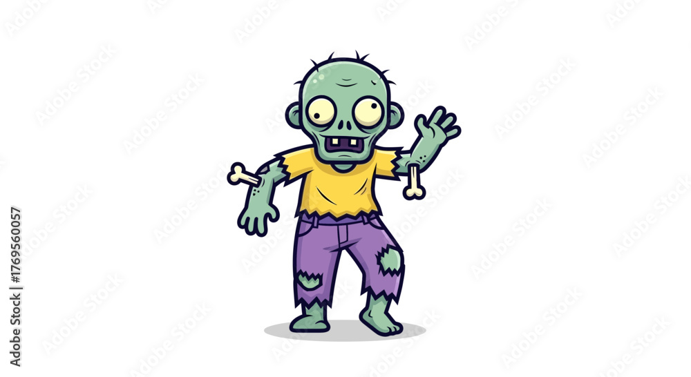 Fototapeta premium Cartoonish Zombie Character Waving Hello on Isolated White Backdrop for Halloween Fun