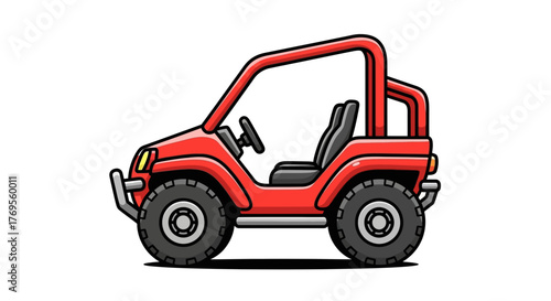 Cartoonish representation of an open-top off-road vehicle in vibrant red color on a white backdrop