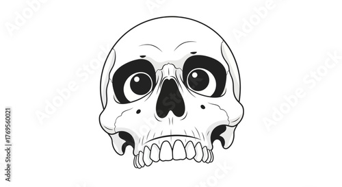 Cartoonish skull with large eyes, rendered in black and white on clean background