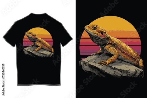 Retro sunset bearded dragon t-shirt design featuring a reptile perched on a rock with vibrant gradient