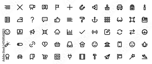 Basic UI icon set. Minimal outline vector icons collction. Includes symbols fo smartphone, wifi, edit, cat, login, shopping cart, ome, phone, emoticon and mre. Editable stroke.