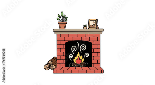 Charming cartoon brick fireplace with a roaring fire and cozy mantel decor