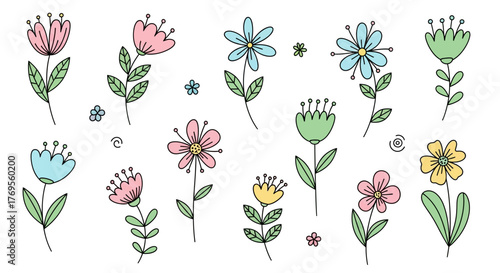 Charming floral doodle pattern with pastel colors evokes springtime innocence and whimsy