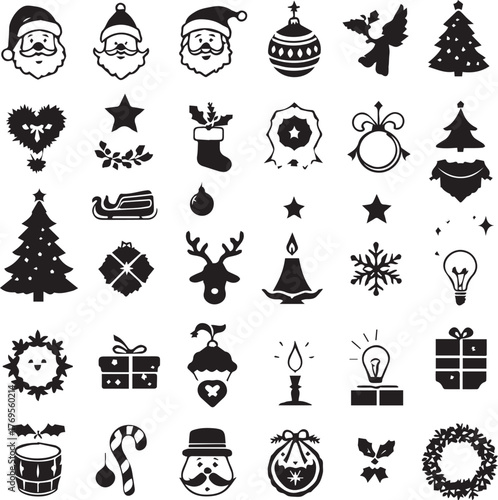 Christmas icon grid — black and white silhouette set of Santa faces, ornaments, trees, snowflakes, gifts, holly, bells, and more